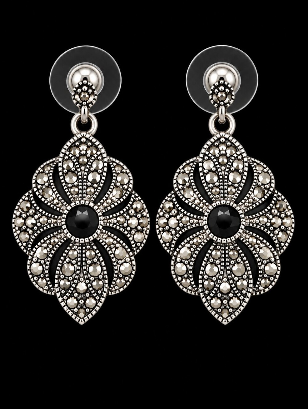 Antique Style Art Deco Black and Silver Filigree Marcasite Drop Earrings